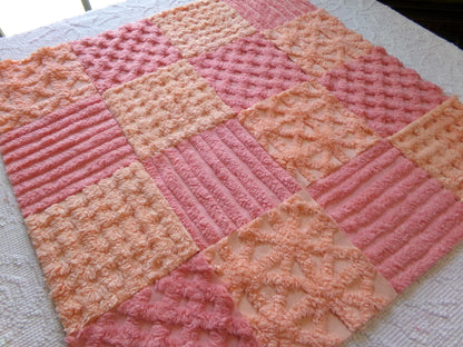 raspberry peach sherbet vintage chenille fabric squares, set of 16 plush soft tufted 6" blocks