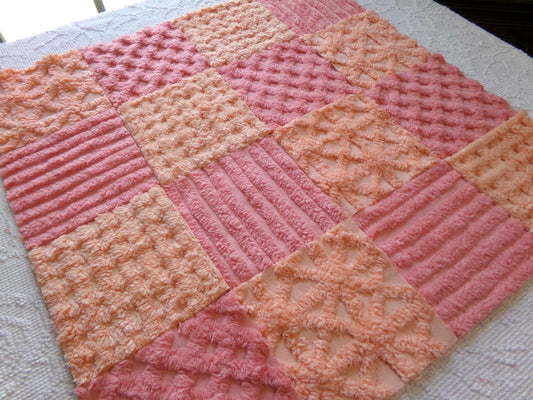 raspberry peach sherbet vintage chenille fabric squares, set of 16 plush soft tufted 6" blocks