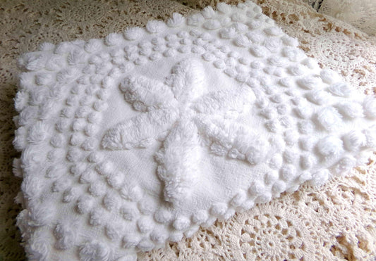 star mist white vintage chenille fabric, coastal 3D radiating starry pop motifs, 21" x 26" cut piece with fringe for pillows handmade quilts