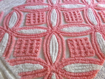 Plush Pink & White Vintage Chenille Fabric, 24" x 30" Inch Piece, 100% Cotton, Optic Wedding Ring Pattern, Great for DIY Pillows