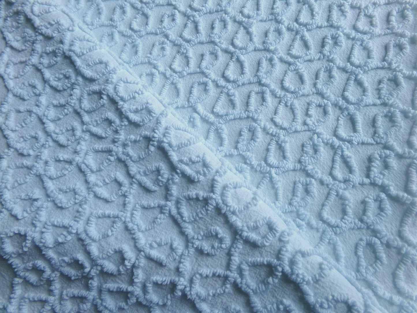 blue curly loops vintage chenille fabric, texturized unique needletuft pattern, 18" x 24" piece for quilts, fiber arts, sewing