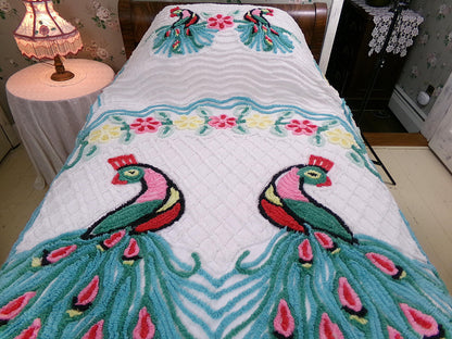 shabby chic peacock vintage chenille bedspread, iconic kitsch lovebird design, white cotton full size bedding