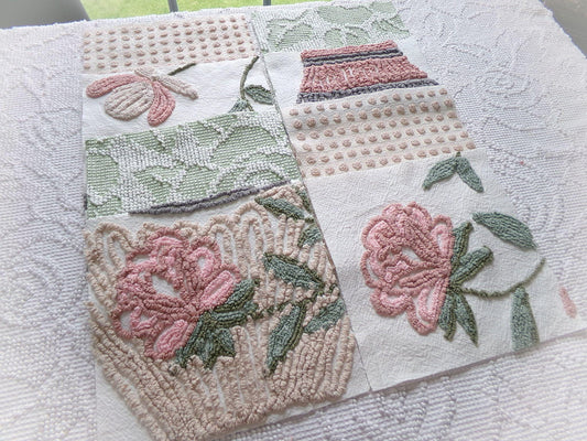 rose garden chenille fabric squares, set of 8 vintage 7.5" quilt blocks, neutrals & chic florals, for sewing, crafts, quilting