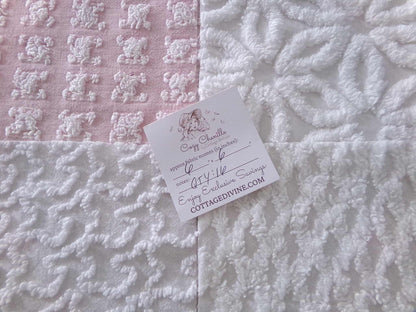 angel wings chenille fabric squares, pink & white rosebud, lattice, dots, squiggles, vintage square set of 16 quilt blocks, 6" x 6" inch