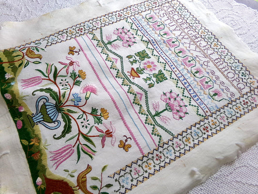 Shabby Vintage Linen Embroidery Sampler, Jacobean 1773 Cooper Hewitt Museum, 0860 Paragon Stitchery, Hand Embroidered, Completed