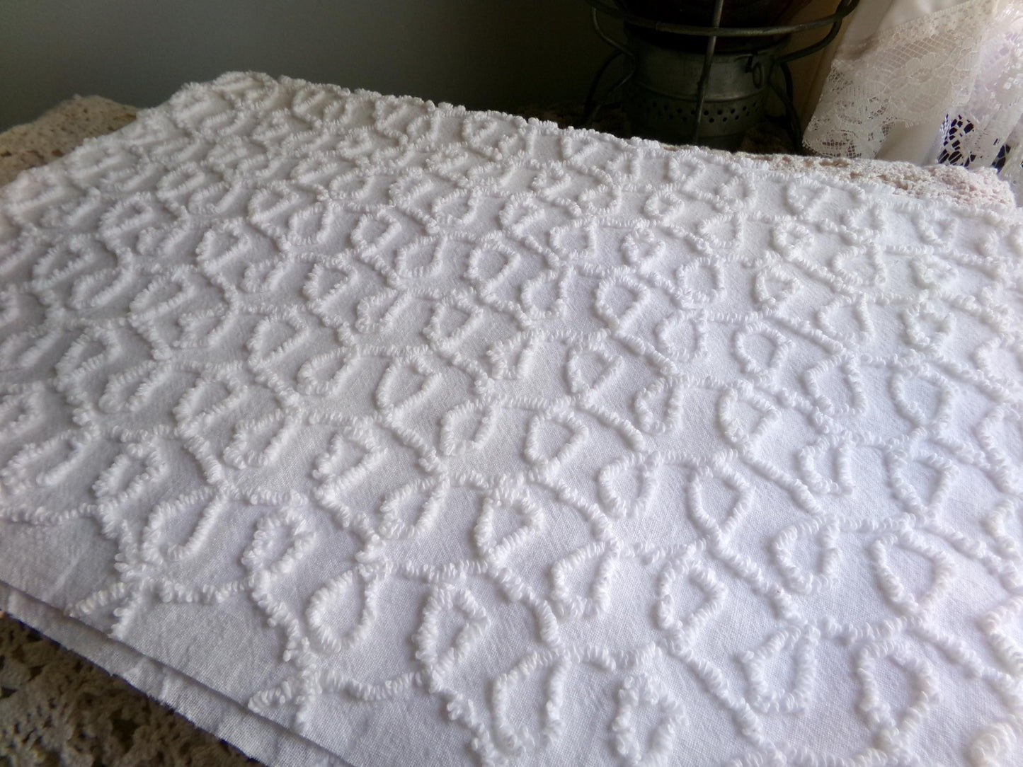 White Cursive Loops Texturized Chenille Material, 19" x 27" inch Needletuft Piece, Neutral Vintage Fabric for Handmade Quilts, DIY Pillows