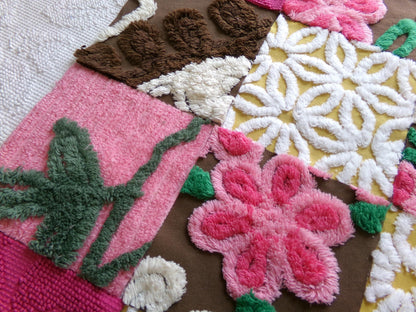 vintage chenille fabric squares, "fairy trail" set of 16 chocolate & pink 6" quilt blocks for quilting, crafts, sewing