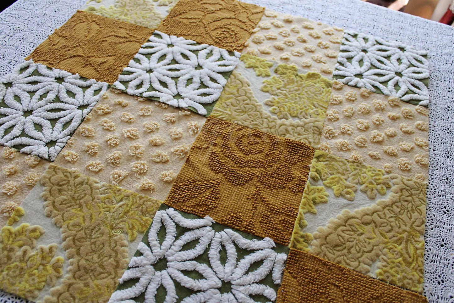 SuMmeR of LoVe Chenille & Velvet Quilt Squares Set, from Vintage Bedspread Fabric, 16 Blocks, 6" x 6" inches each, Earthtone Hippie Vibes