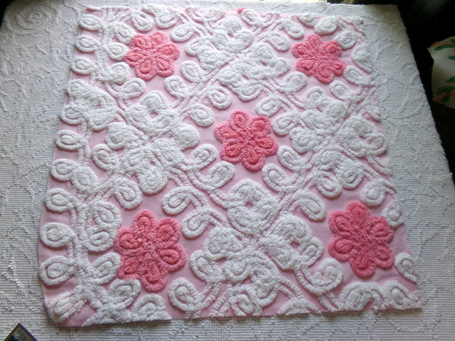 fluffy flowers vintage chenille fabric, plush pink & white sewing material, 19" x 22" inch piece for pillows, quilts, fiber arts