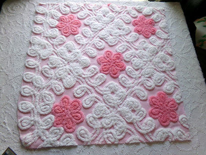 fluffy flowers vintage chenille fabric, plush pink & white sewing material, 19" x 22" inch piece for pillows, quilts, fiber arts