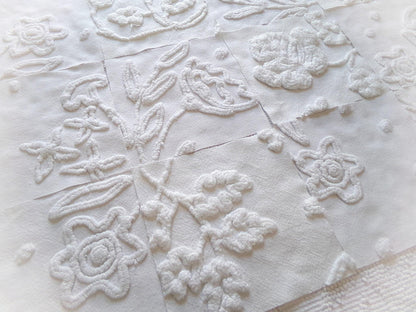 Vintage Chenille Fabric Squares in Winter Garden White Florals from Vintage Bedspread Fabric, Set of 16 Quilt Blocks, 6" x 6" inch