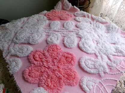 cupcake frosting pink chenille fabric, plush floral curlicue swirls, 22" x 25" inch piece of vintage material for sewing pillows & quilts
