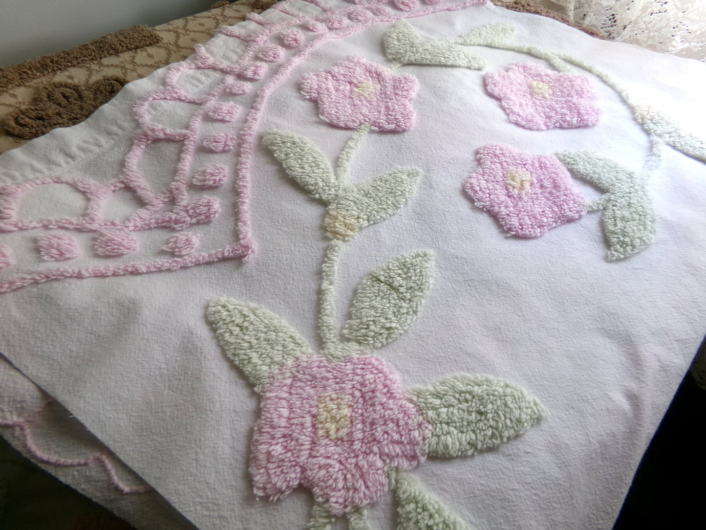 Pink Floral Blooms Vintage Style Chenille Fabric, Lovely Plush Flowers on White Cotton, 21" x 34" inch Piece