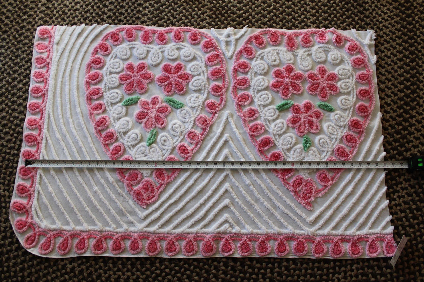 Pink Rose Candy Hearts Vintage Chenille Fabric, 27" x 42" Inch LARGE Piece, Cute Floral Trios on White Cotton, Great for Quilting & Pillows