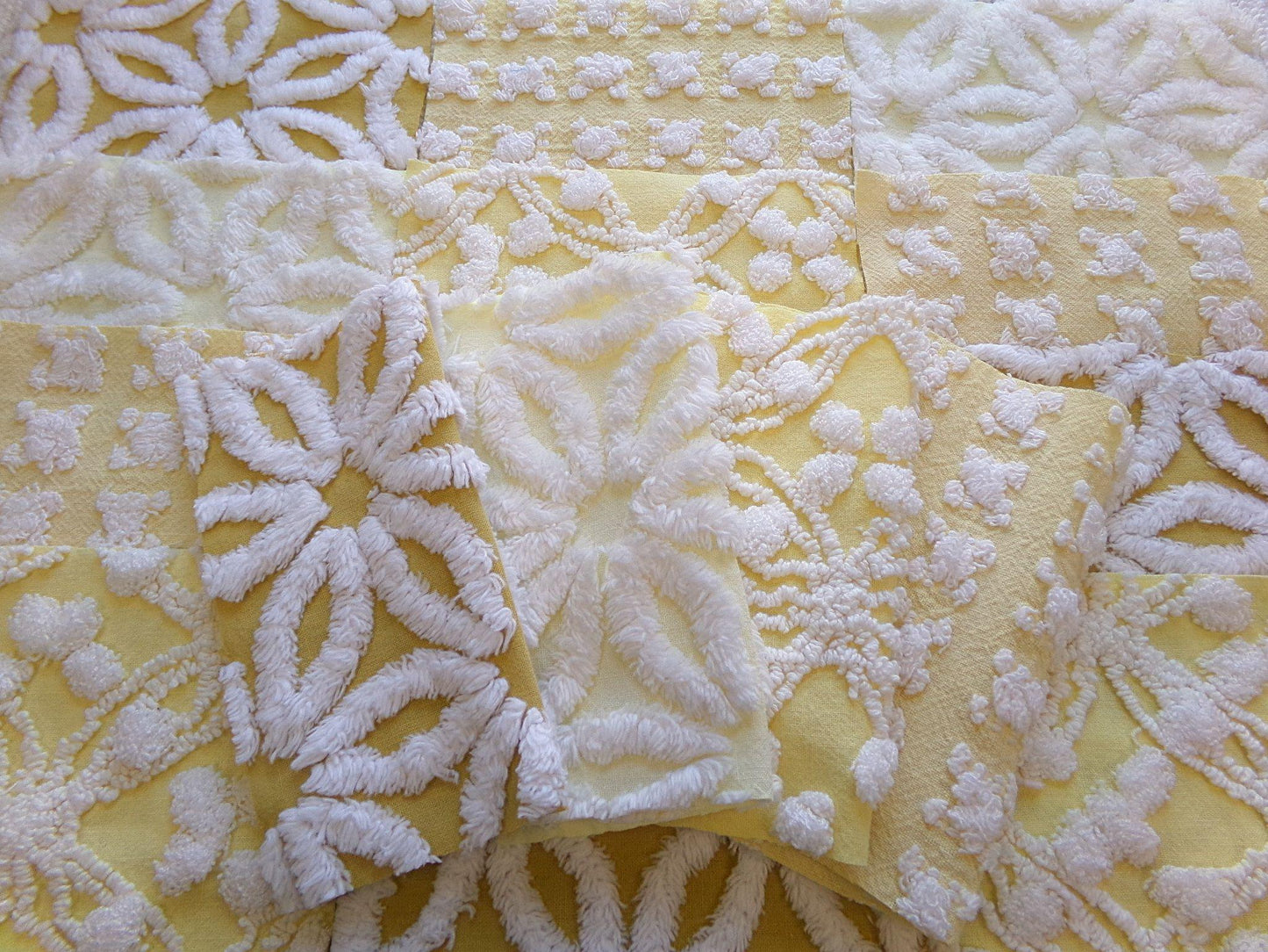 boho sunshine chenille fabric squares, set of 16 vintage quilt blocks 6" ea, natural sunrise yellow, white rosebud, golden harvest daisy