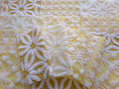 boho sunshine chenille fabric squares, set of 16 vintage quilt blocks 6" ea, natural sunrise yellow, white rosebud, golden harvest daisy