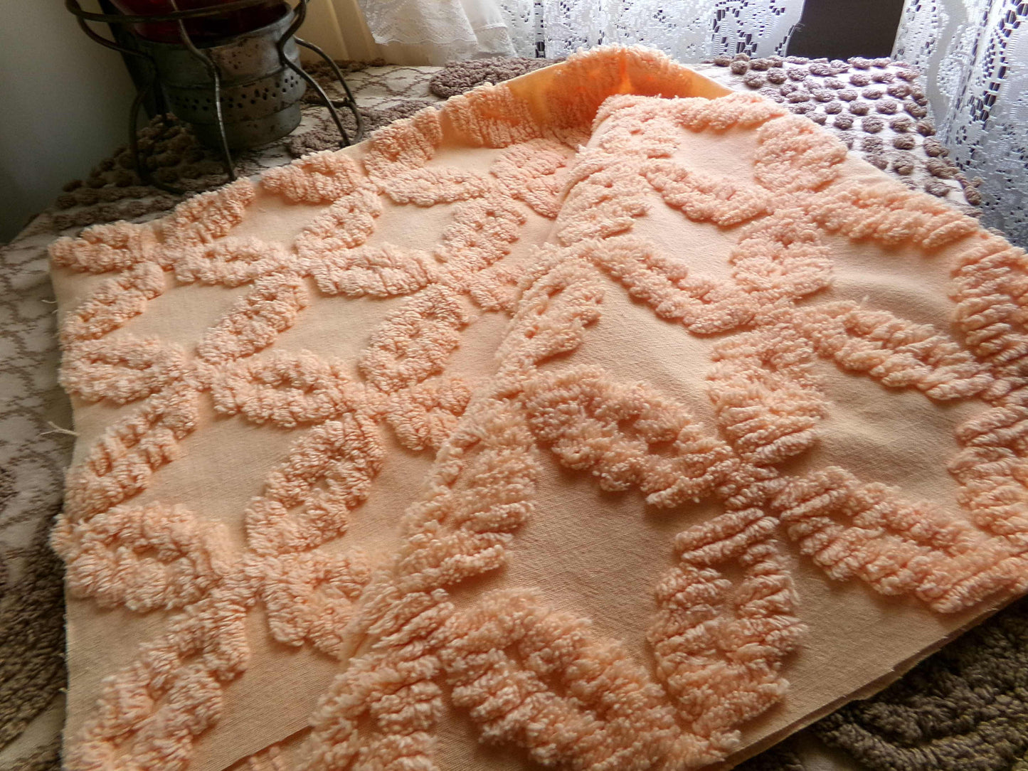Peach Petals Vintage Chenille Quilt Fabric, 25" x 24" inch Piece, Raised Geometric Floral Pattern