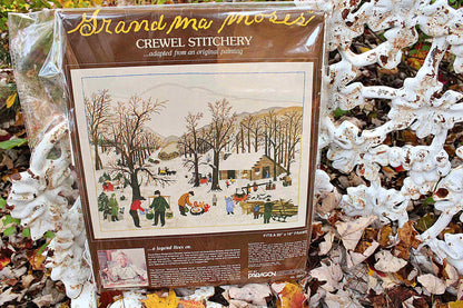 SUGARING OFF Crewel Stitchery Kit, Vintage Grandma Moses Design, Paragon Needlecraft Embroidery Kit # 0202 from 1983