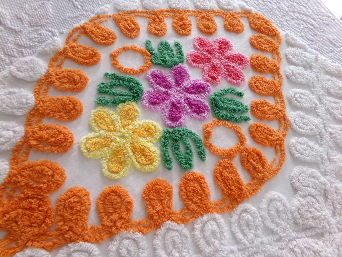 Vintage Chenille Bedspread Quilt Fabric Plush Citrus Orange Swirls & Flowers, 22" x 20" inch piece, Unique Design