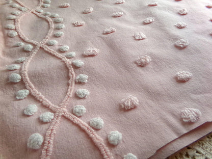 petal pink feminine chenille fabric, vintage sewing material with wideset pops & infinity link accents, lightweight 20" x 27" inch piece