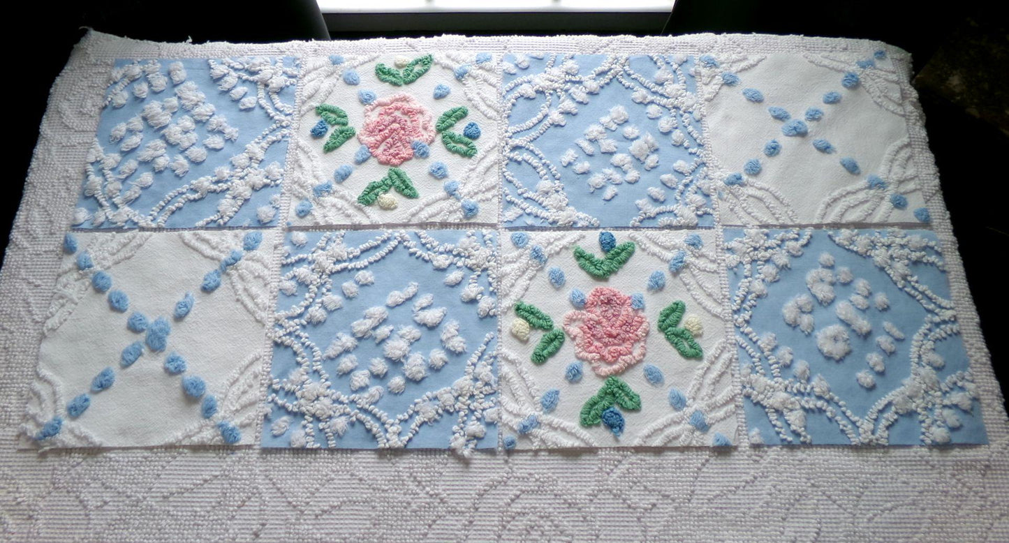 winter rose chenille fabric squares, set of 8 vintage 7.5" quilt blocks, blue & white geometric, pink floral for sewing, crafts, quilting