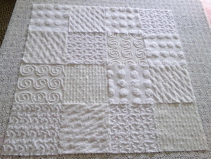 serene snowfall vintage chenille fabric squares, set of 16 white 6" quilt blocks, upcycle in handmade quilts, sewing projects