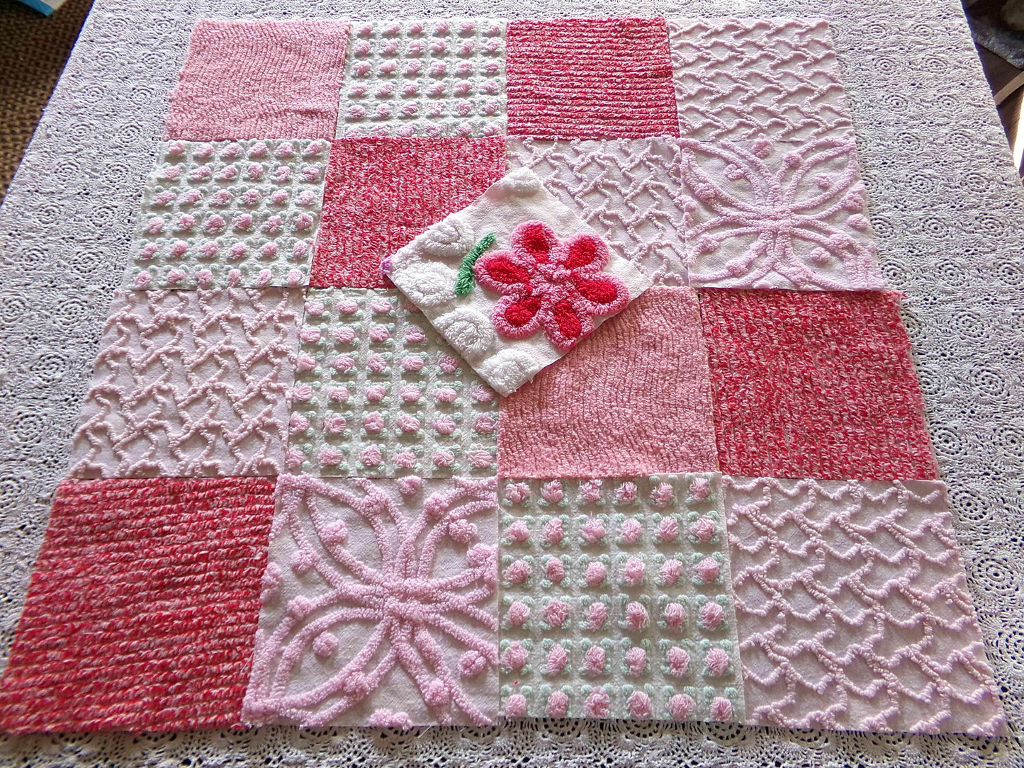 Sweet Kisses Chenille Fabric Squares Set in Pink, Red, White, 17 Blocks, 6" inch ea, Great Range of Textures & a Pretty Flower Block