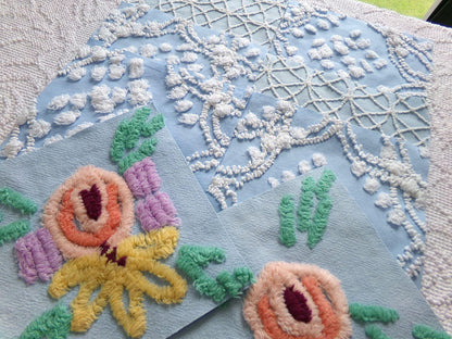 coastal wanderings chenille fabric squares, set of 8 vintage 7.5" quilt blocks, sky blue & white, for sewing, crafts, quilting