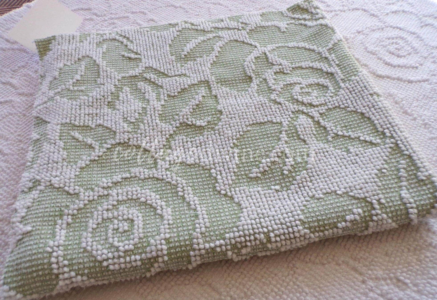 Sage Green Creamy White Cabbage Rose Chenille Fabric, 19" x 23" inch Piece, Vintage Fieldcrest Reversible Hobnail Design, Durable & Strong