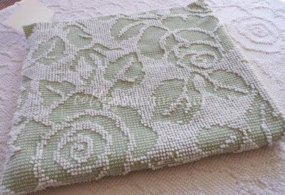 Sage Green Creamy White Cabbage Rose Chenille Fabric, 19" x 23" inch Piece, Vintage Fieldcrest Reversible Hobnail Design, Durable & Strong