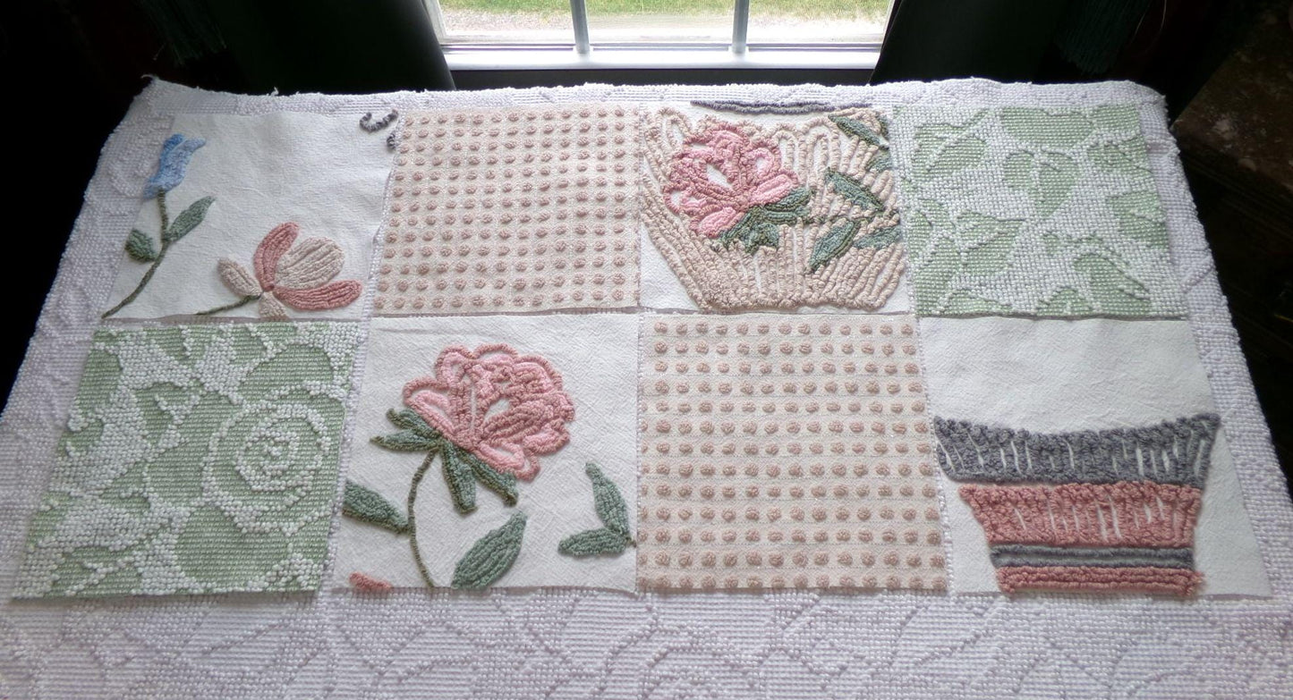 rose garden chenille fabric squares, set of 8 vintage 7.5" quilt blocks, neutrals & chic florals, for sewing, crafts, quilting