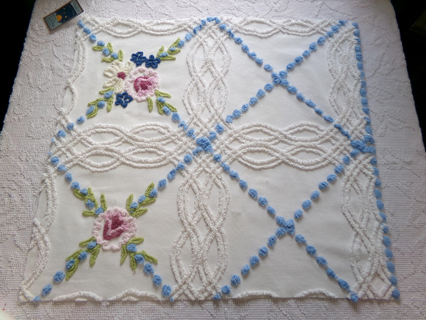 classic shabby style vintage chenille fabric, needletuft florals, blue pops, white cotton material, 22" x 24" piece for sewing, quilting