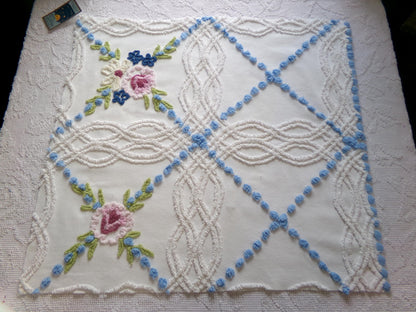 classic shabby style vintage chenille fabric, needletuft florals, blue pops, white cotton material, 22" x 24" piece for sewing, quilting