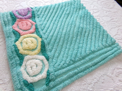 vintage plush aqua chenille fabric, rainbow lollipop roses design, 19" x 24" piece of sewing material