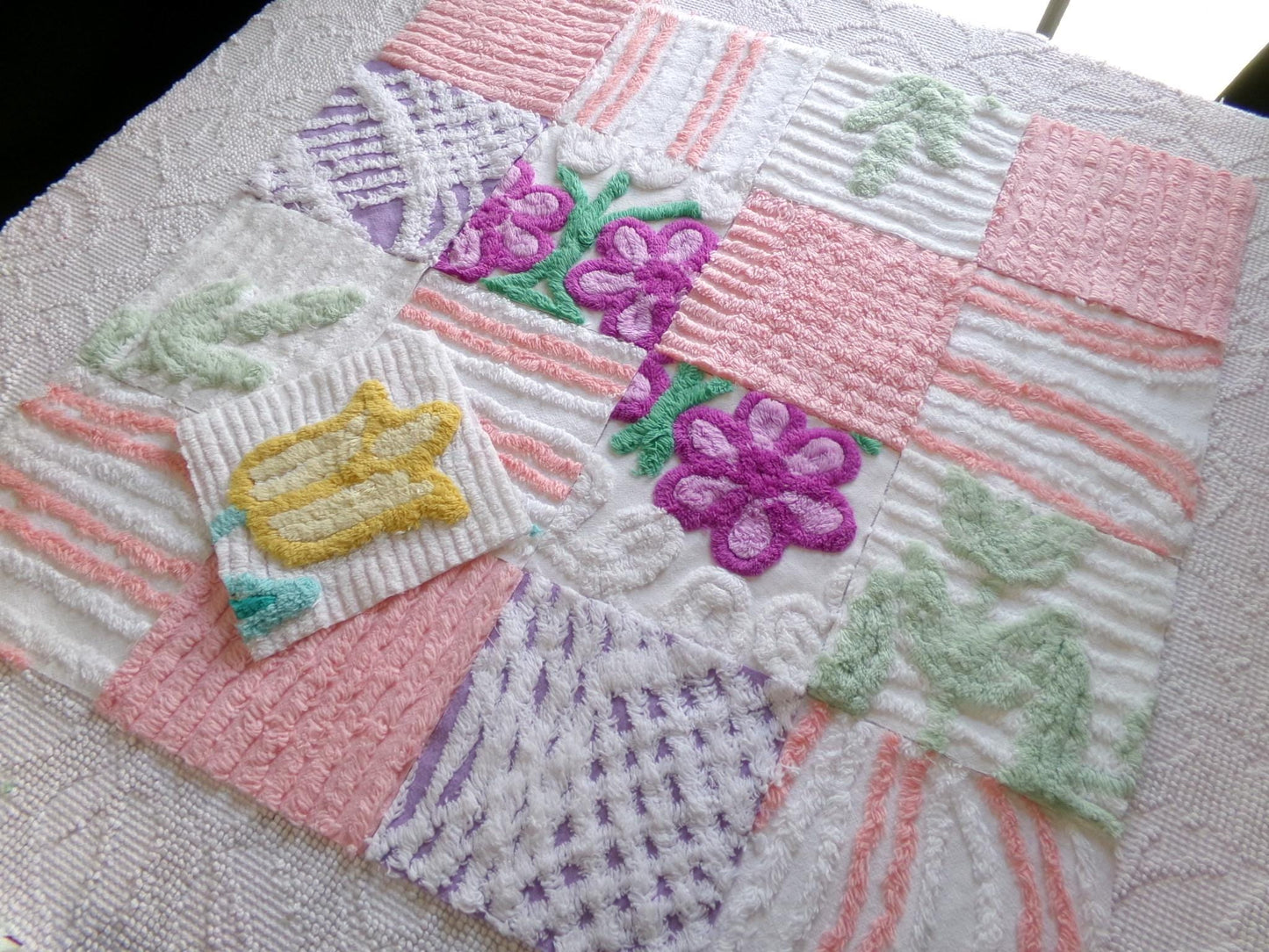 springtime mix 6" chenille squares, peach, white & purple set of 17 craft quilt blocks cut from vintage chenille bedspread fabrics