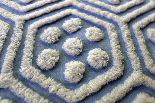 Adorable Hexagon Dot Vintage Chenille Quilt Fabric, 25" x 29" inch piece, Reversible Hofmann Design in Sky Blue & White