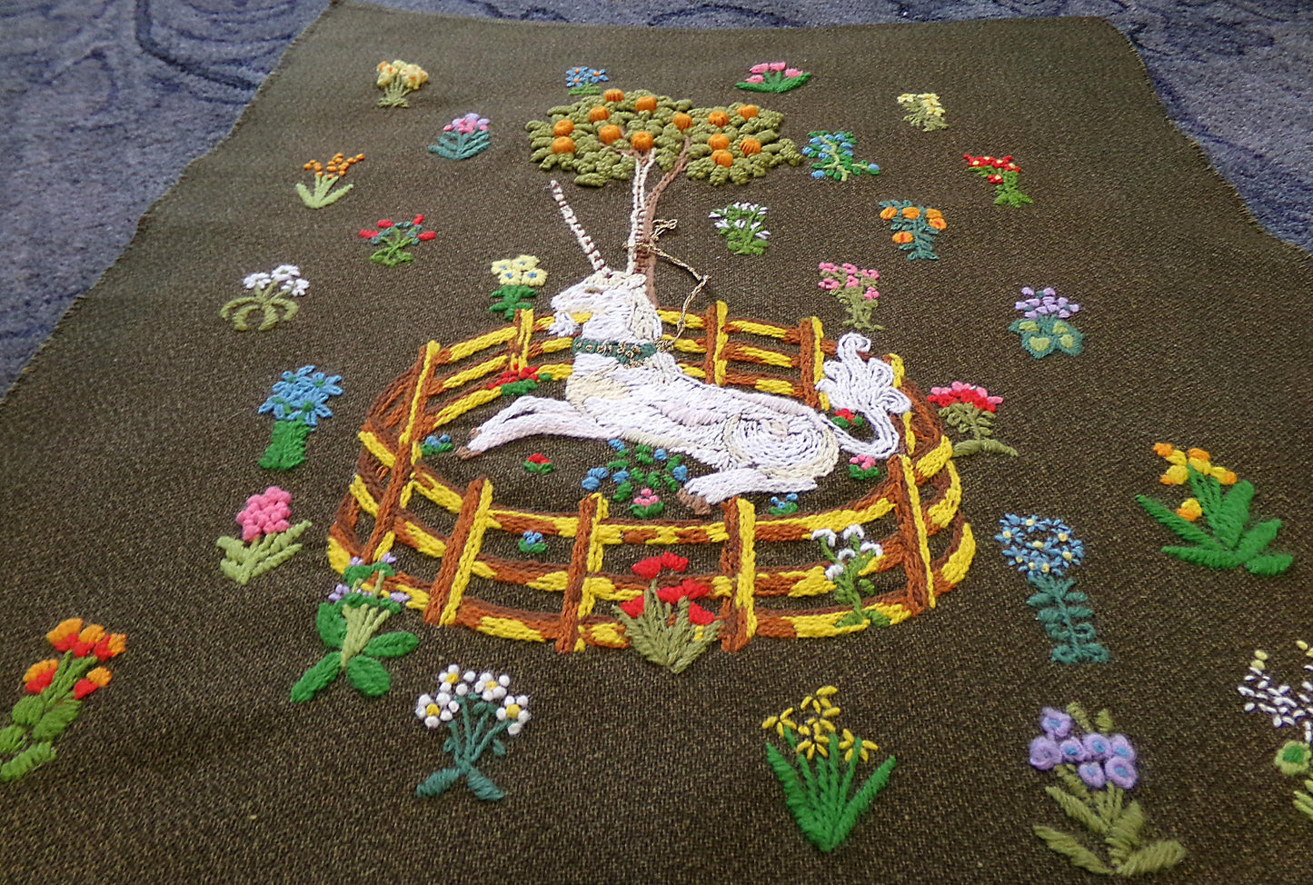 Unicorn in Captivity Completed Crewel Embroidery, Paragon 0846 Stitchery, Medieval Old World Tapestry Style Adaptation