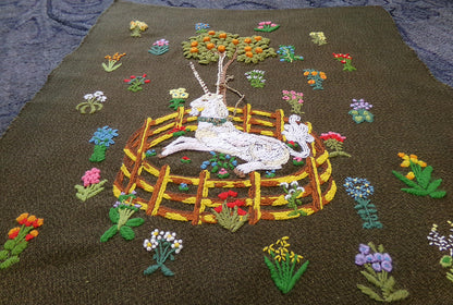 Unicorn in Captivity Completed Crewel Embroidery, Paragon 0846 Stitchery, Medieval Old World Tapestry Style Adaptation