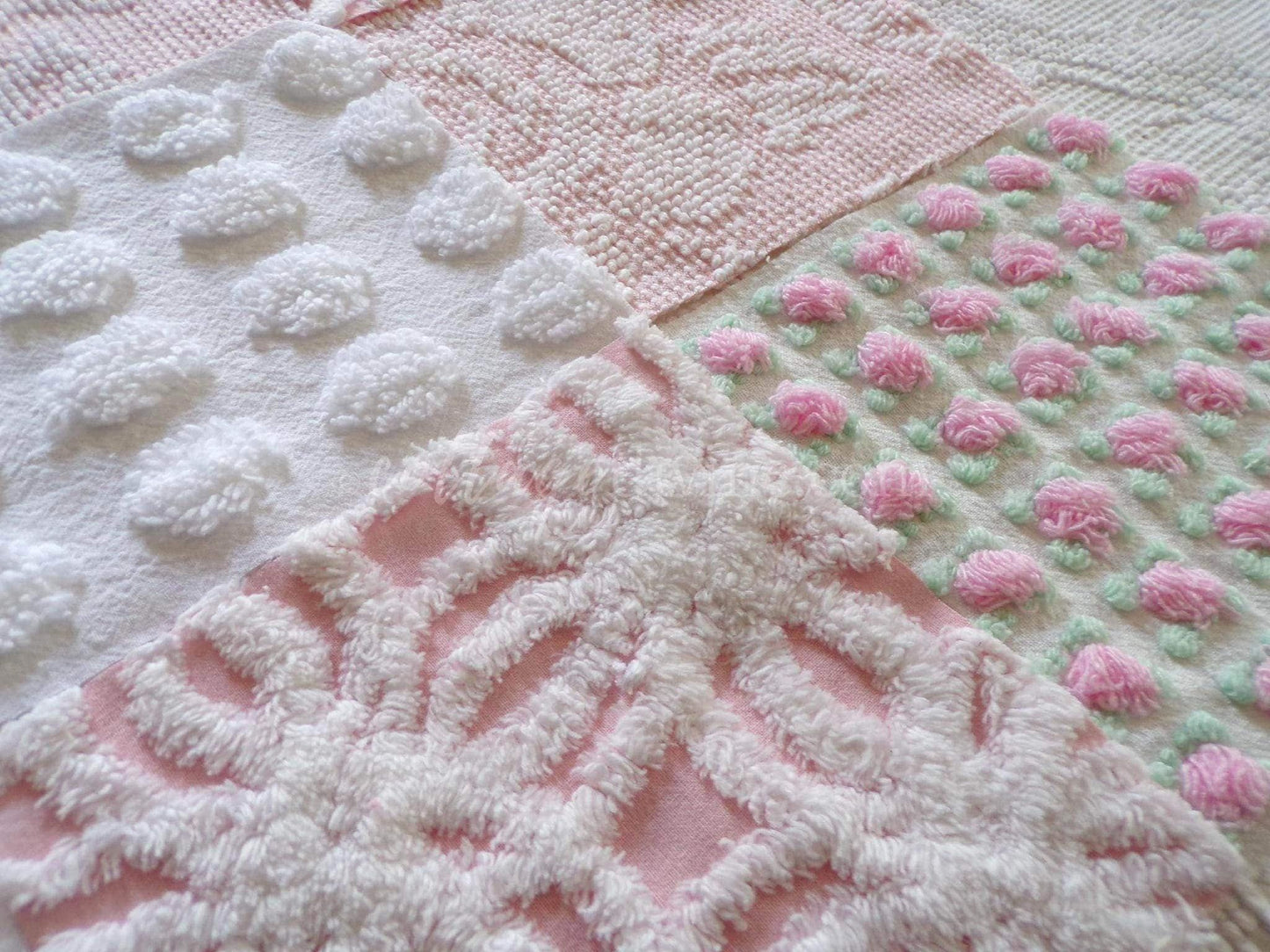 Pink Whispers Chenille Quilt Squares Set from Vintage Bedspread Fabric, 16 Blocks, 6" inch