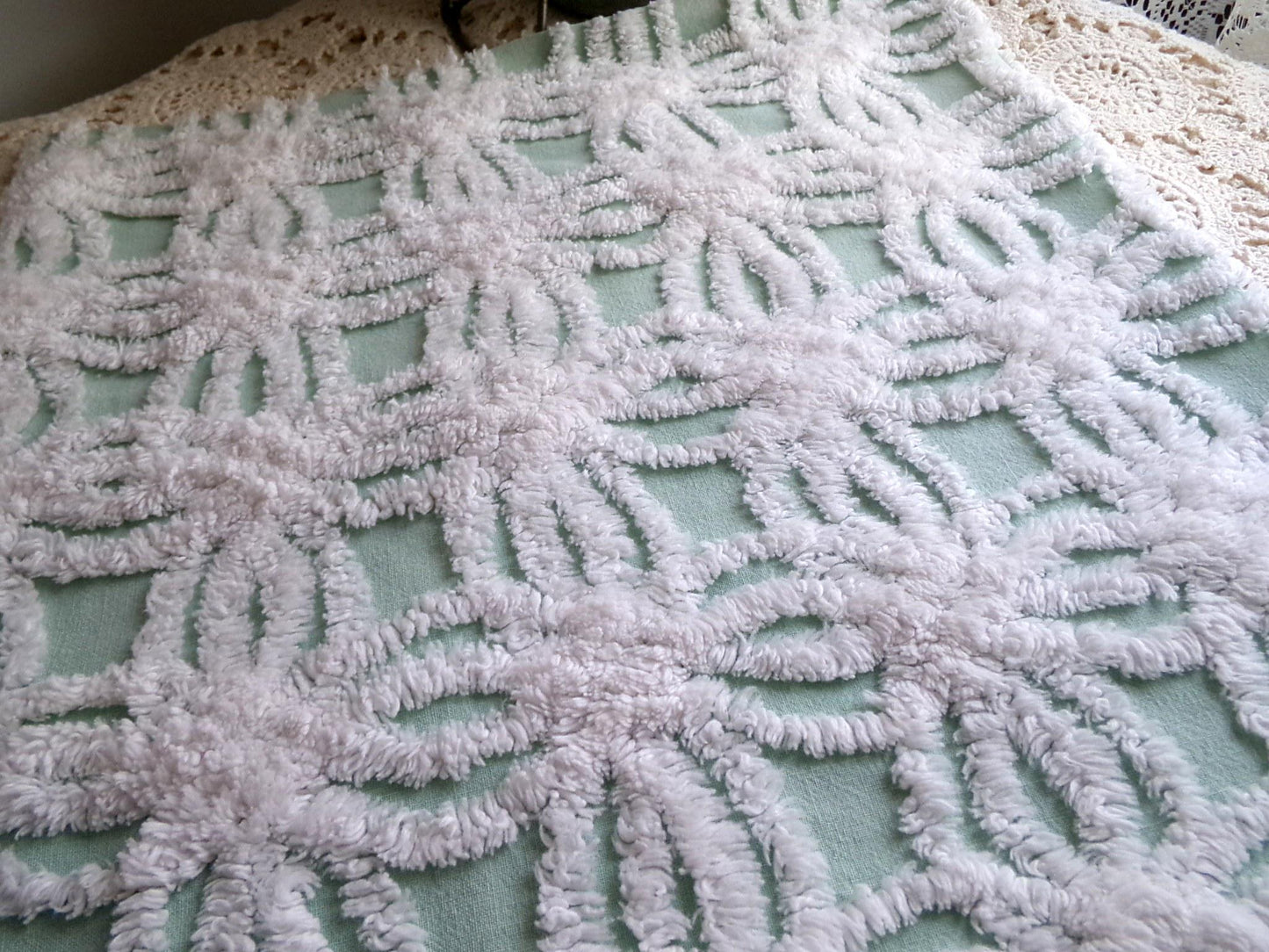 mint green chenille fabric, plush white wedding rings, 18" x 26" inch piece cut from vintage chenille bedspread