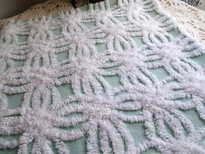 mint green chenille fabric, plush white wedding rings, 18" x 26" inch piece cut from vintage chenille bedspread