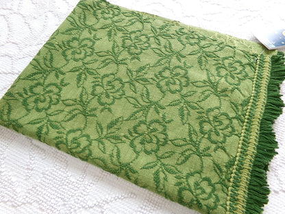 grecian green rose vintage woven fabric, gothic floral design w/ scallop fringe trim edge, 19" x 24" cut piece great for small bags