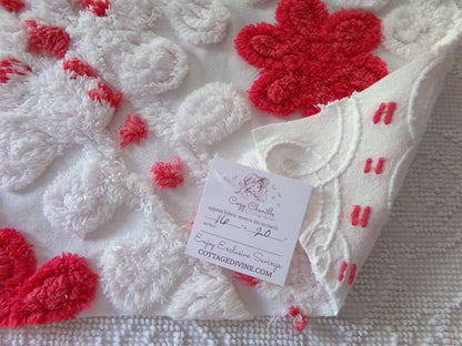 Sweet & Shabby Red Flowers Vintage Chenille Fabric, 16" x 20" Inch Piece, Frosty White Plush Swirls, Fun in Festive Crafts