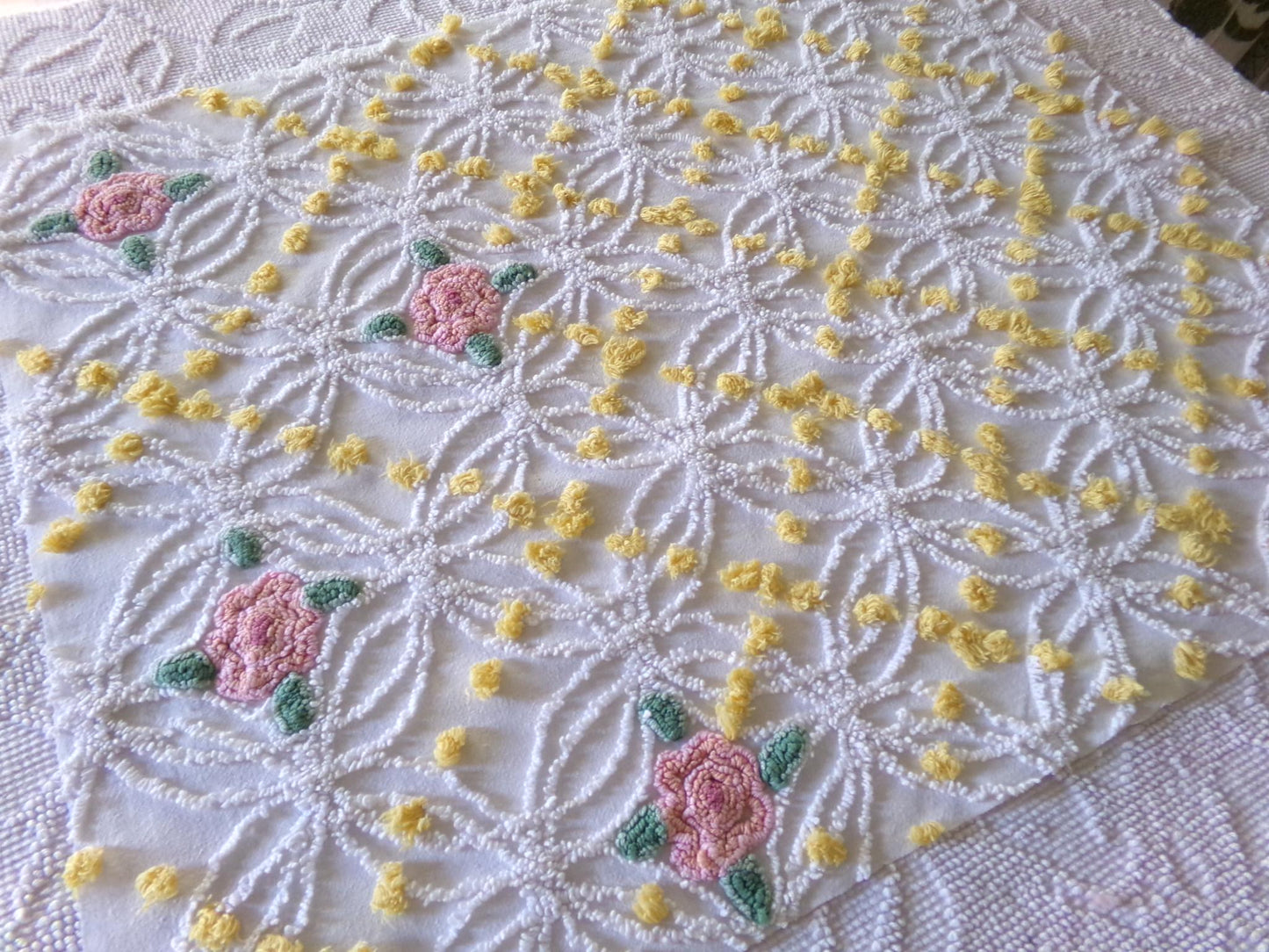 pink roses chenille fabric with goldenrod yellow pops, shabby chic vintage 20" x 24" inch piece of quilt material