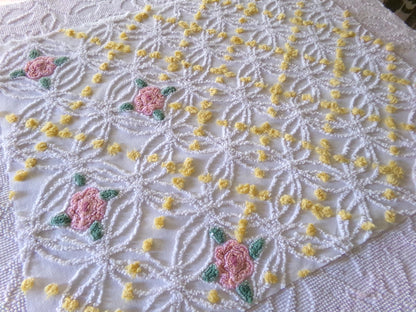 pink roses chenille fabric with goldenrod yellow pops, shabby chic vintage 20" x 24" inch piece of quilt material