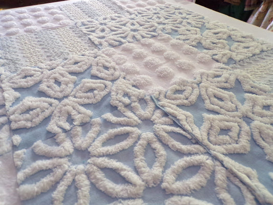 coastal winds vintage chenille fabric squares, set of 16 blue & white cotton 6" quilt blocks, nice texture for sewing, crafts, quilting