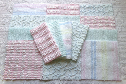 vintage chenille fabric squares, "summer rainbow" set of 16 pastel 6" quilt blocks, gentle geometric patterns, for quilting, crafts & sewing