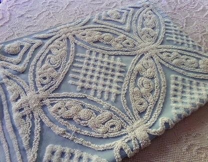 Shabby Chic Vintage Fabric, Porcelain White Rose Floral Chenille on Cloud Blue Cotton, 24" x 30" inch Piece, So Pretty in Pillows & Quilts