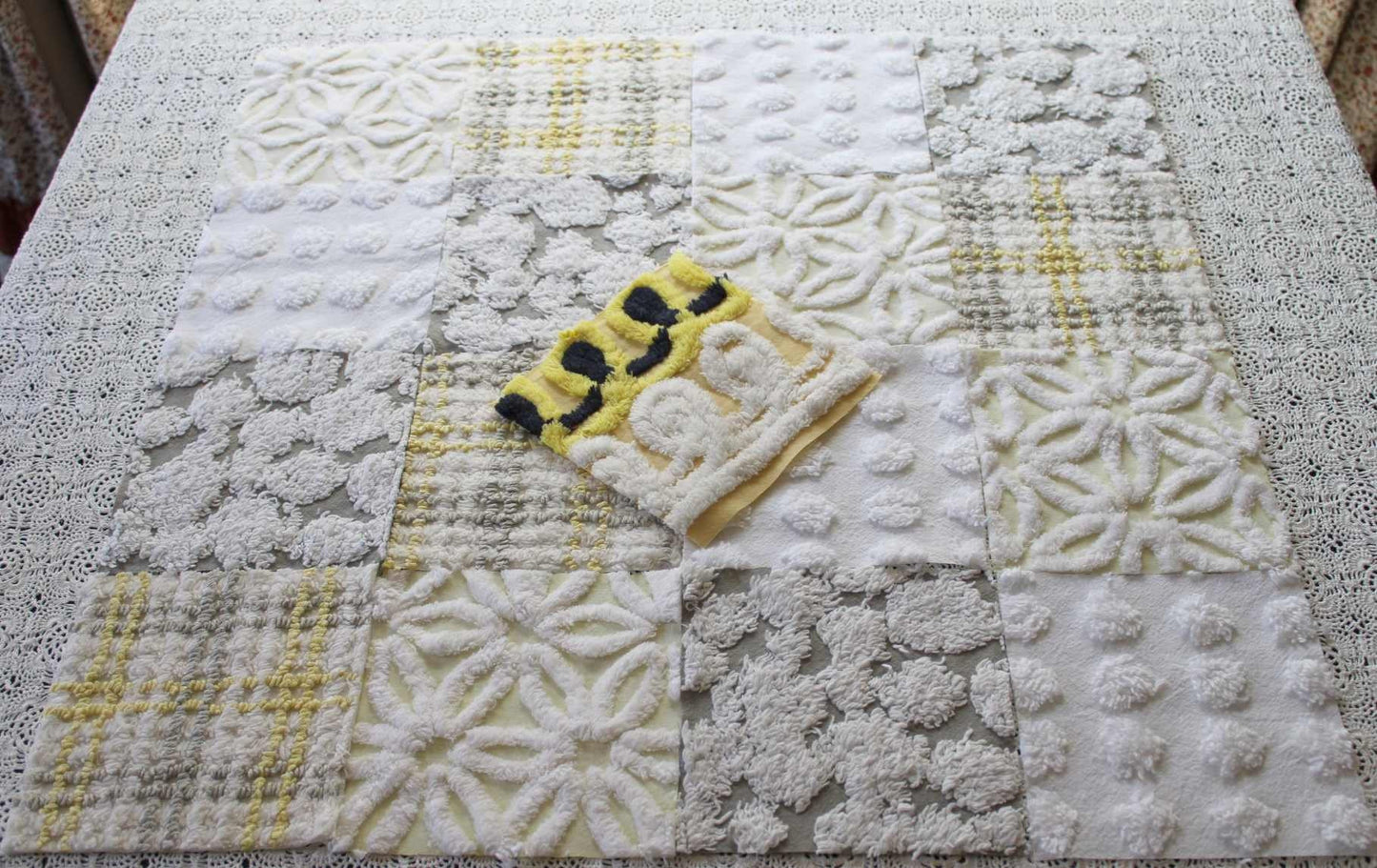 Sun & Clouds Chenille Quilt Squares Set, Rotary Cut from Vintage Chenille Bedspread Fabric, 17 Blocks, 6" x 6" inch each