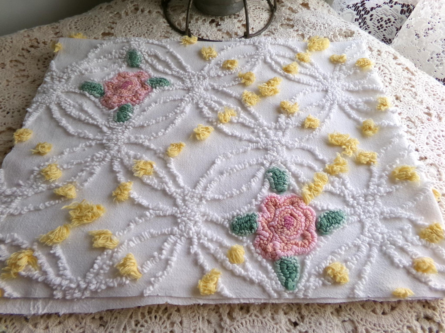 pink roses chenille fabric with goldenrod yellow pops, shabby chic vintage 20" x 24" inch piece of quilt material